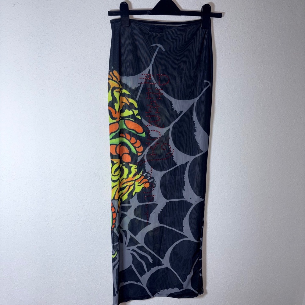 Ed Hardy Mesh Set Small Black New Tiger Snake Spiderweb Rhinestone Y2K Crop Maxi - Picture 3 of 8